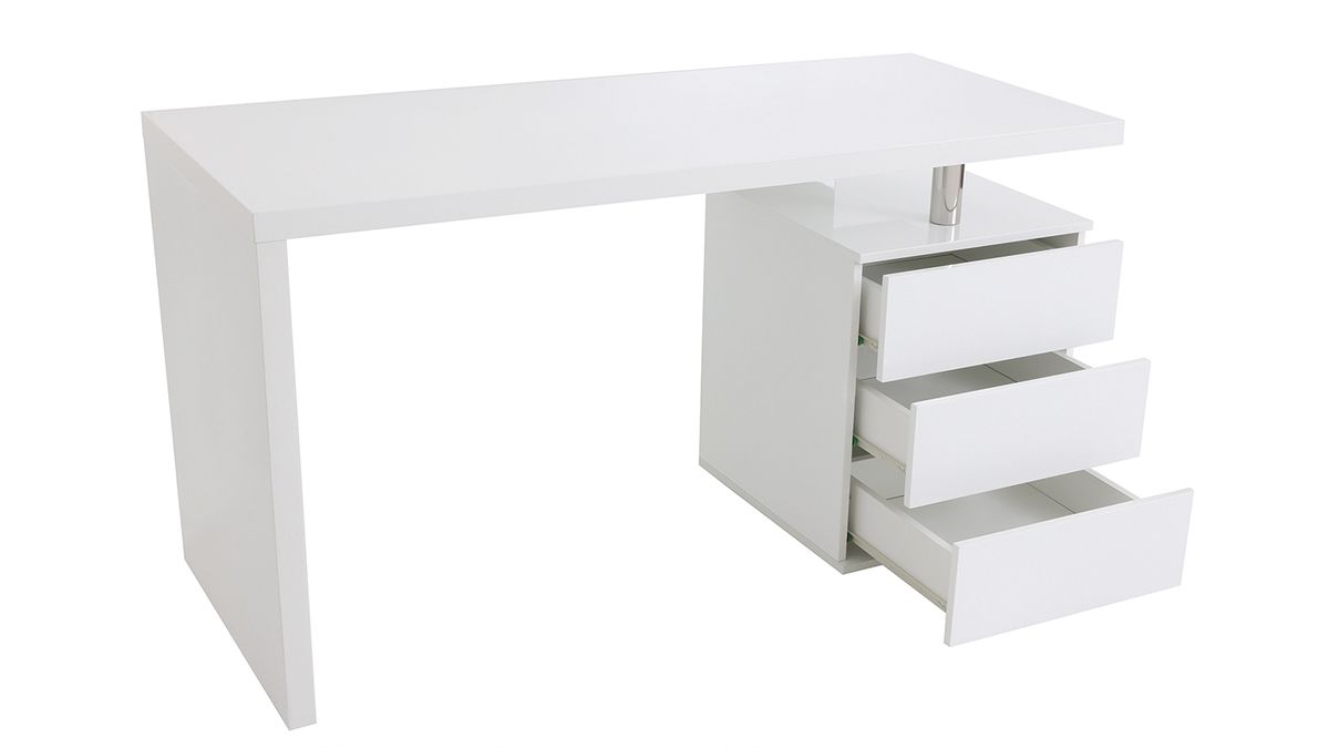 Bureau avec rangements 3 tiroirs design blanc laqué brillant L140 cm CALIX 