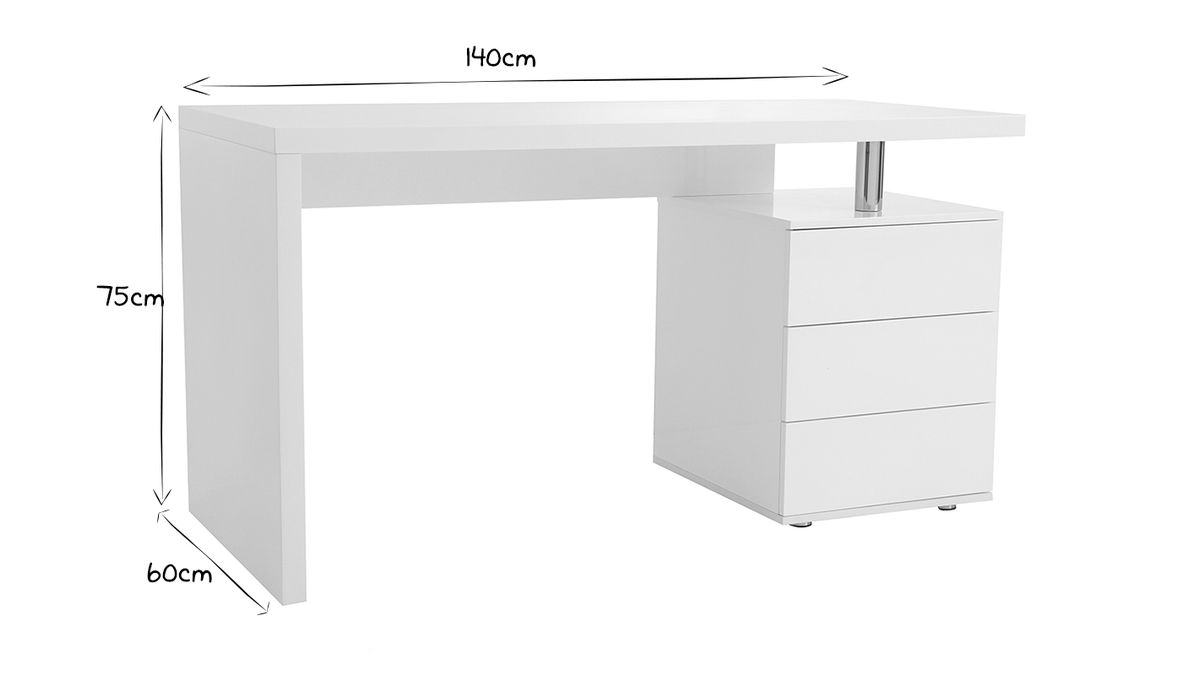 Bureau avec rangements 3 tiroirs design blanc laqué brillant L140 cm CALIX 